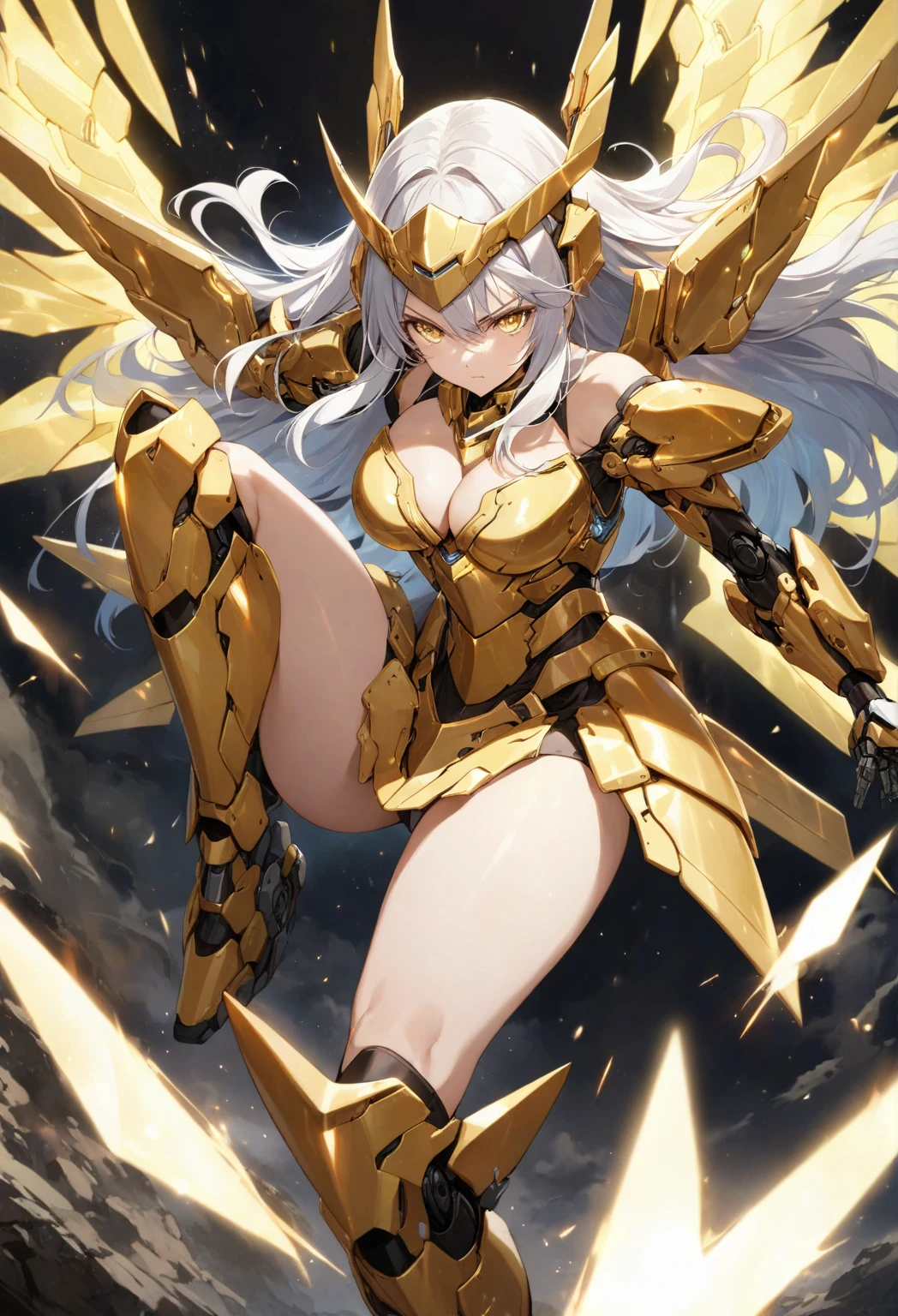 score_9_up, score_8_up, score_7_up, source_anime,masterpiece, best quality, high resolution, extremely detailed CG, absurdres, highres, 1girl, solo, a mecha girl in golden armor with glowing mecha_wings fights at battlefield, ((body surrounded by yellow Battle Aura and lighting)), wings of light, long hair, white_hair, glaring, cleavage, thighs, off-shoulder, (((Shining Armor, glittering Armor))),((mecha wings)), headgear, flying, blue sky, full body, from below, Futuristic, ((aura,Battle Aura, lighting),good_hands