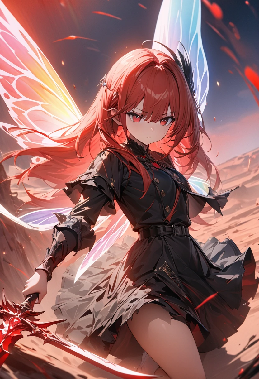 a 16 year old girl with long beautiful red hair and red eyes, expressionless like a doll, wearing a black military uniform with a black short skirt, white socks and black shoes, holding a medieval shaped red sword in one hand, beautiful white fantasy rainbow fairy wings growing from her back, fantastic light particles fly out of the white feathers, holographic effect on the feathers, cold look on her face as she fights many monsters on the ground against the backdrop of a hellish red sky, the ground is a desert-like landscape, posing dynamically swinging her sword, (masterpiece, best quality, 4k, 8k:1.5), best quality, ultra detail, fantastic, abstract, physically based rendering, ultra-fine painting
