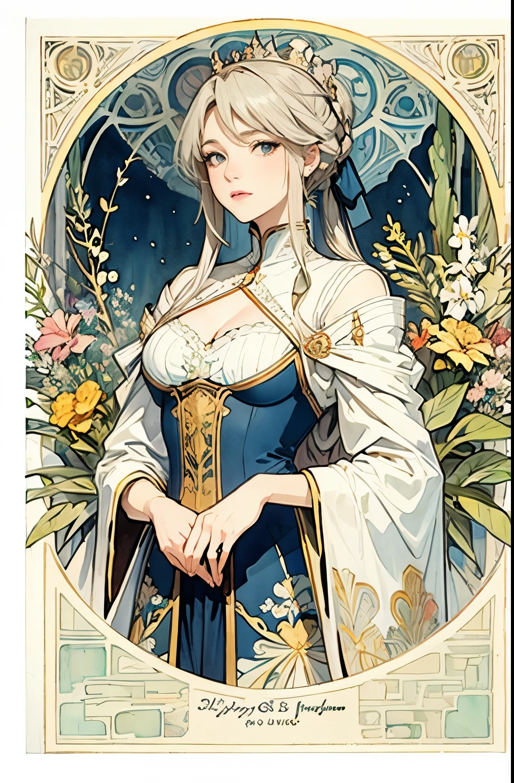 ((masterpiece)), (Highest quality), (Cinematic),  Art Nouveau watercolor , Floral_background, Intricate designs and patterns in the style of Alphonse Mucha，Artoria Pendragon，destiny/Stay Night