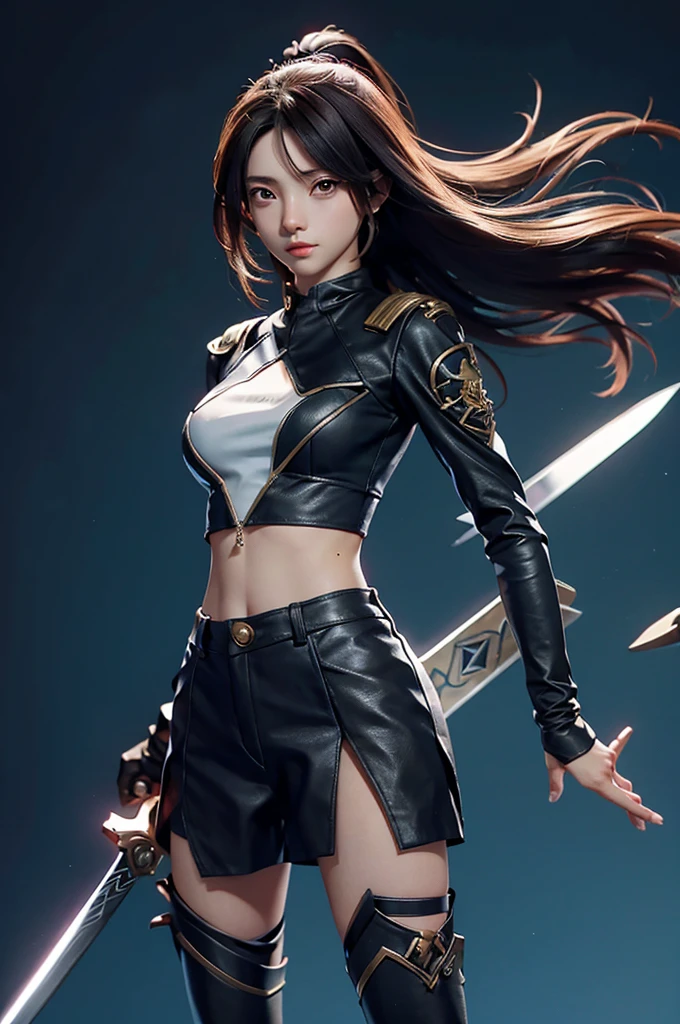 anime girl , stylish , superhero , swords in hands , , wearing crop top , navel can be seen
