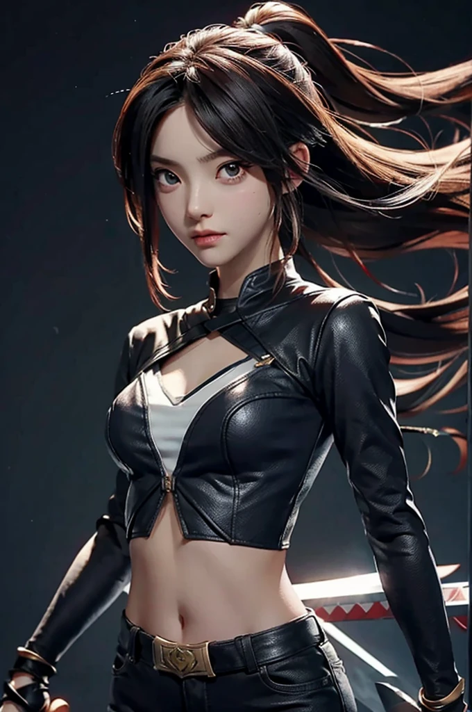 anime girl , stylish , superhero , swords in hands , , wearing crop top , navel can be seen