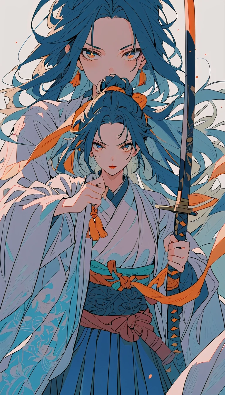 1 most beautiful woman, shining pupils, sparkling eyes, samurai, various postures, earring, bijouterie, long hair, weapon, White background, simple background