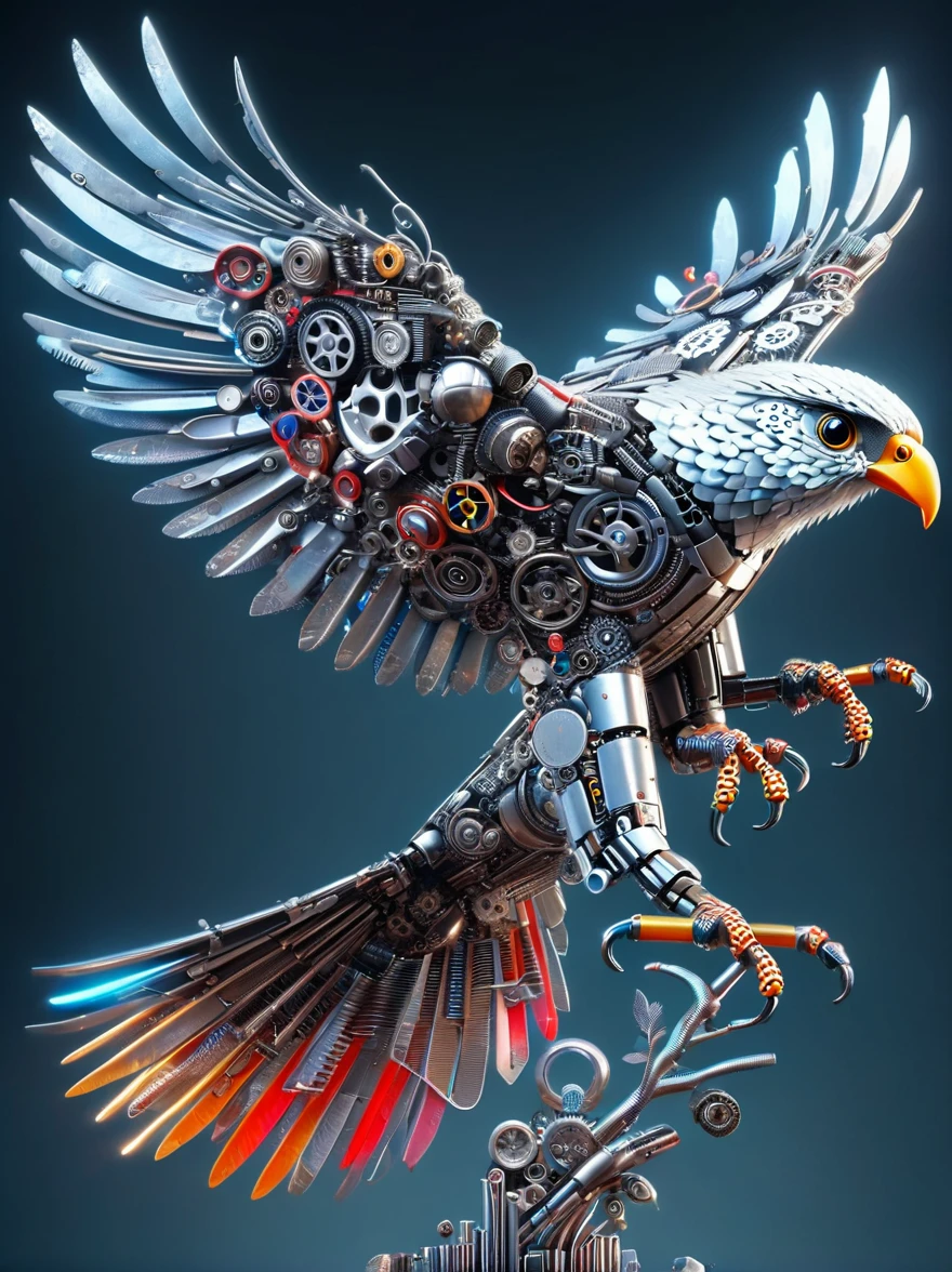 (3D，mechanical感，cute，ais-scrapyrd Phoenix，mechanical)，Colorful neon lights，高科技mechanical部件，Metal body，Detailed Vibranium Flower Design，Vibrant colors，Dynamic glowing flowers，Reflective metal surface，Bright environment，Dynamic poses，Exquisite existence，Skills Improvement，互锁mechanical齿轮，Stylish design，motion blur effect，Detailed metal treatment，Sci-fi atmosphere，Streamlined aerodynamic shape，Laser scanning pattern，Holographic projection，LED light track，Beautiful and unforgettable，Advanced sensors，Complex algorithms，Ominous and mysterious atmosphere，Electric Spark，Shiny chrome，Propulsion systems of the future，(Best quality，8k，high resolution，masterpiece:1.2)，Super detailed，(whole body:1.8)​