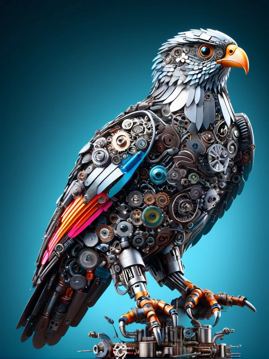 (3D，mechanical感，cute，ais-scrapyrd White-headed hawk，mechanical)，Colorful neon lights，高科技mechanical部件，Metal body，Detailed Vibranium Flower Design，Vibrant colors，Dynamic glowing flowers，Reflective metal surface，Bright environment，Dynamic poses，Exquisite existence，Skills Improvement，互锁mechanical齿轮，Stylish design，motion blur effect，Detailed metal treatment，Sci-fi atmosphere，Streamlined aerodynamic shape，Laser scanning pattern，Holographic projection，LED light track，Beautiful and unforgettable，Advanced sensors，Complex algorithms，Ominous and mysterious atmosphere，Electric Spark，Shiny chrome，Propulsion systems of the future，(Best quality，8k，high resolution，masterpiece:1.2)，Super detailed，(whole body:1.8)​