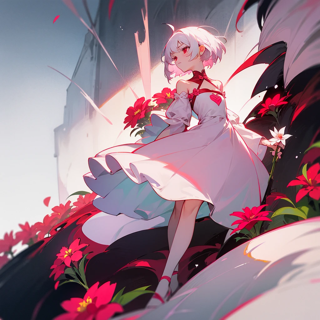 a girl with short white hair shoulder-length, red eyes, wearing a thin white dress, flower red pink big garden