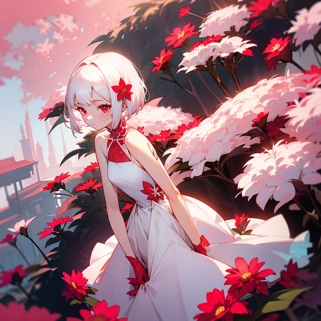 a girl with short white hair shoulder-length, red eyes, wearing a thin white dress, flower red pink big garden