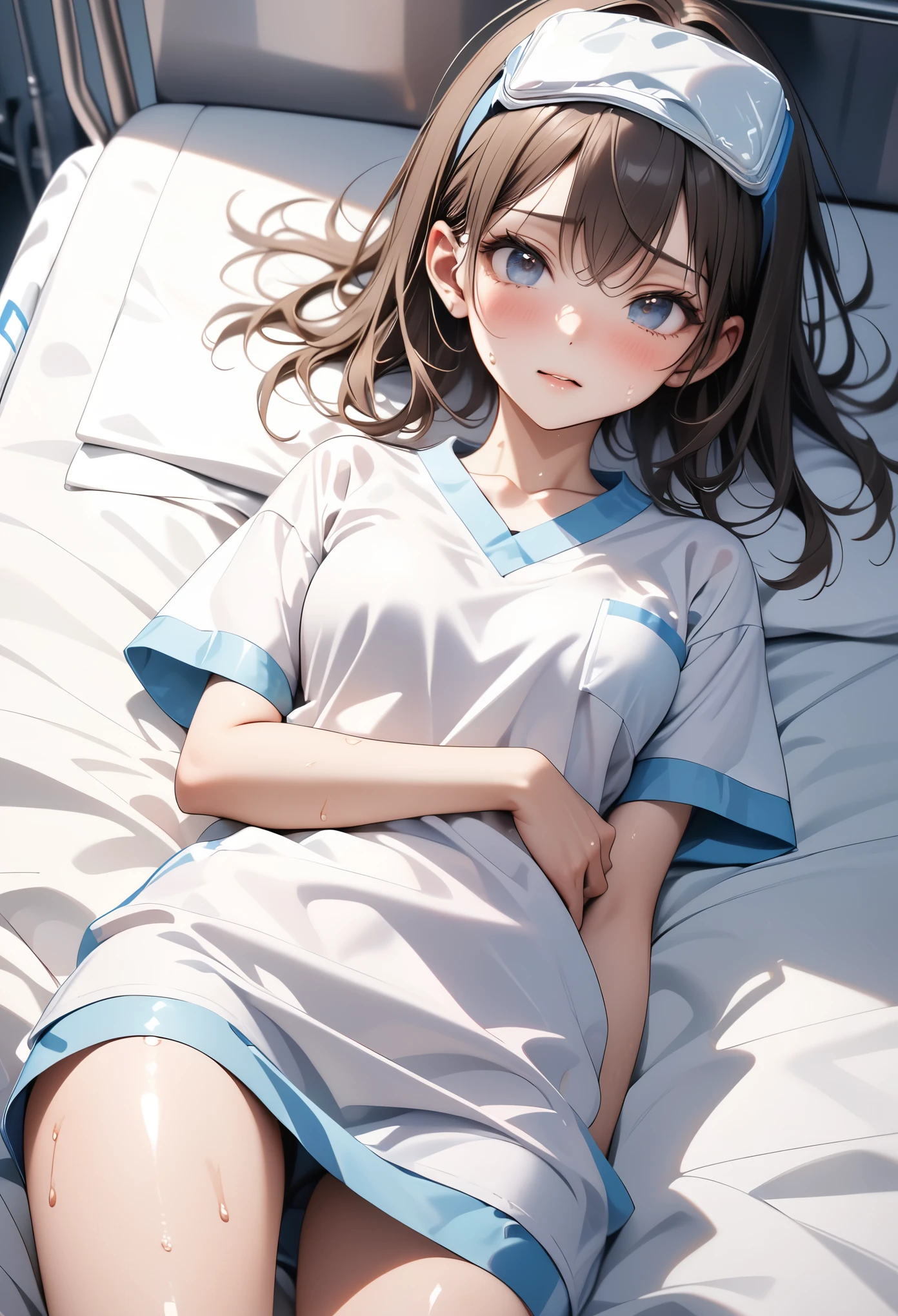 ((Ice pack on head)), (((Hospital clothes, Suffering from fever))), ((Shiny Costumes)), skindentation, skinny, solo, 1 woman, Masterpiece, highest quality, highest quality, 16K, incredibly absurd, highly detailed, 2.5D, ai-generated, delicate and dynamic, very delicate facial expressions, delicate eye depiction, erotic, only sexy woman, ((A cute and kind face)), healthy figure, ((25-year-old woman)), 160cm tall, medium firm swaying bust, , blush, Sweat,Embarrassed,sexy, ((thin thighs)),, shiny and lustrous, facing straight at viewer, (((in heat))), ((Oily_skin)), ((Lots of sweat)), (((Brown Skin))), ((dutch angle)), ((erotic pose)), (((Collapsed from heat stroke))), ((reclining)), (((lying))),