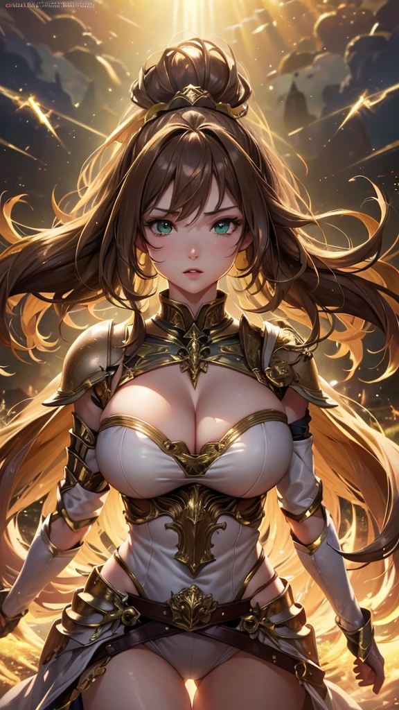 Highest image quality,Outstanding details,Ultra-high resolution,4K image, assembly, best quality, masterpiece, movie lighting ,Sexy,Huge breasts,cleavage,action,In battle,light beam from hand,Golden lightning surrounds,Brown curls,Green eyes,Lipstick,Gold armor,There are cracks on the armoghting hard