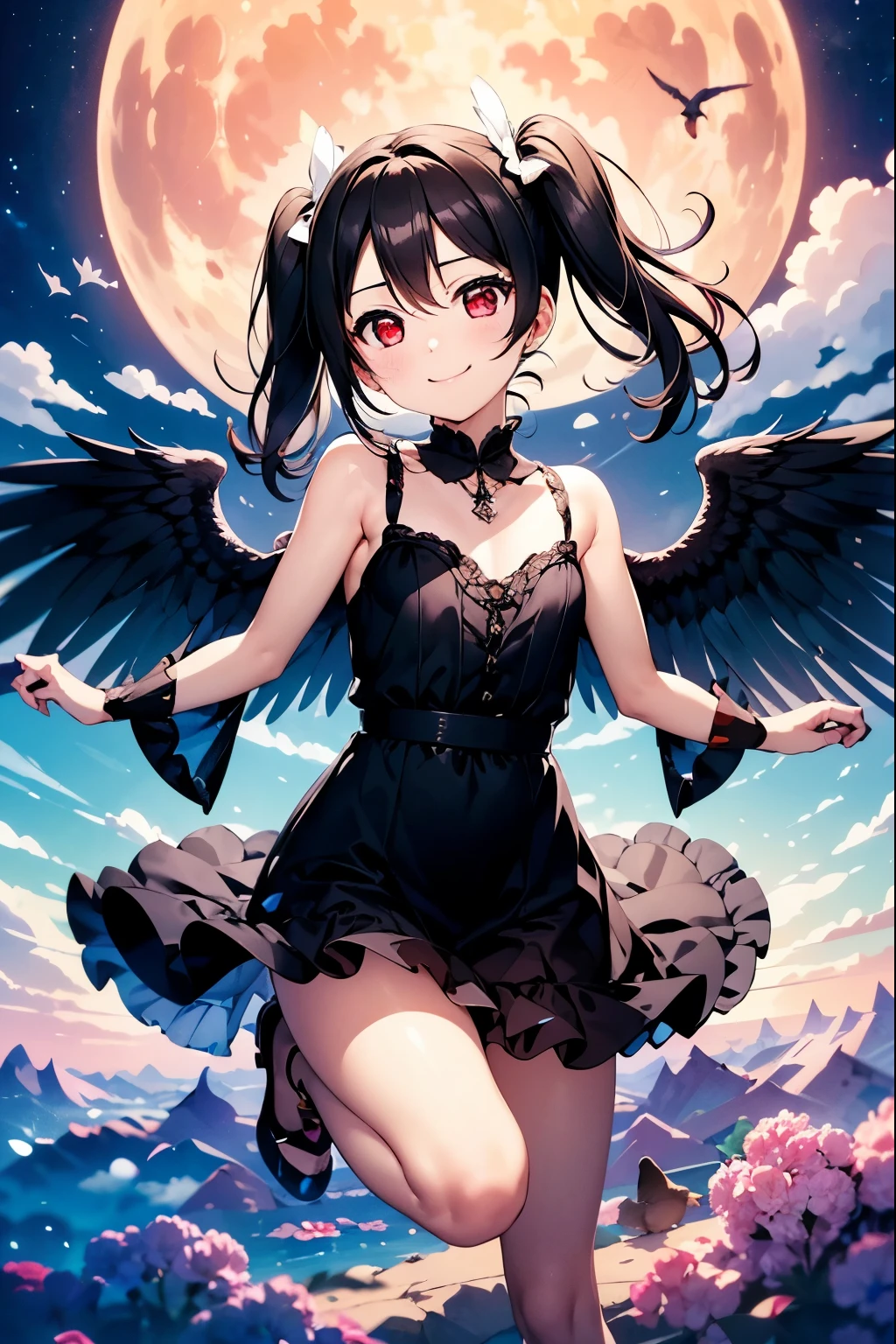 Bad angel girl, Nico、Nico Yazawa、Closed Mouth、smile、Clouds at your feet、Above the Clouds、Beautiful night sky, Towards the sky＿jump、floating,Attractive look,moon、Twin tails、Beautiful red eyes、 (fallen Angel),fallen Angelの黒い衣装、(Big black wings:1.5、the feathers are black)、