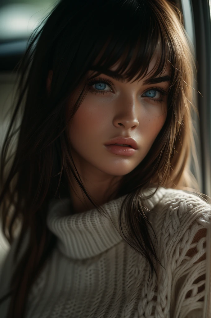 16 years old Megan Fox, ultra-detailed Nordic eyes, bangs, knit sweater, (((masterpiece, ultra-detailed face))).