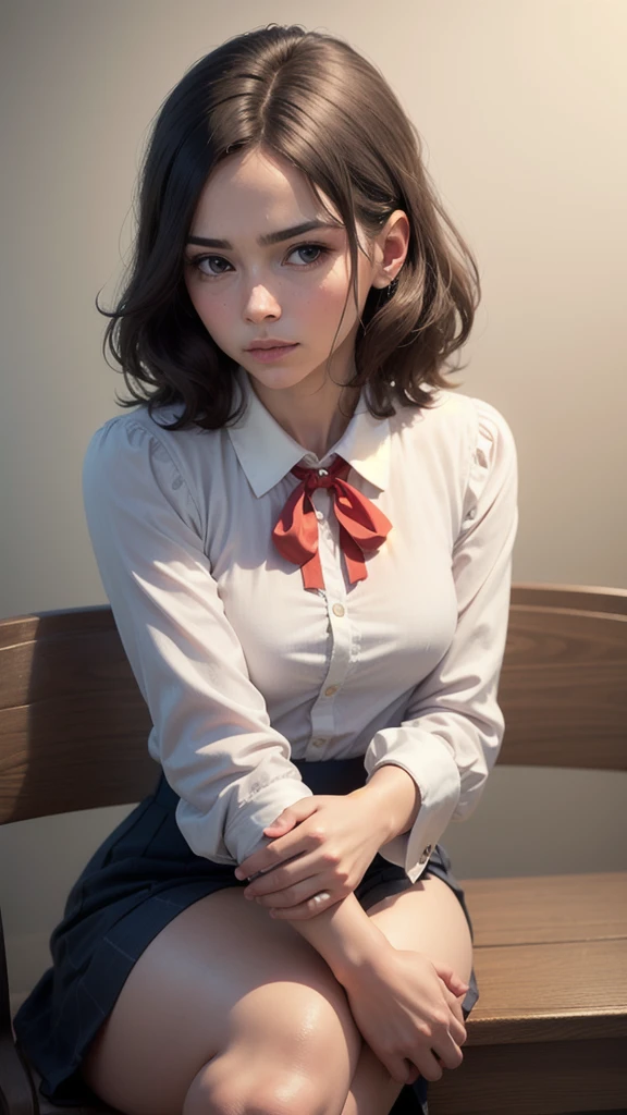 - **Head:**
- Short, wavy brown hair with a slight curl at the ends.
- Light skin tone.
- Large, blue eyes with a gentle, thoughtful expression.
- Small nose.
- Light pink lips, slightly parted.
- **Upper Body:**
- Wearing a white long-sleeved blouse.
- Red ribbon tie around the neck, slightly askew.
- Hands clasped together at the chest, in a slightly nervous or pensive gesture.
- **Lower Body:**
- Wearing a blue skirt that reaches mid-thigh when seated.
- **Pose:**
- Seated with upper body slightly leaning forward.
- Hands clasped together at the chest, conveying a sense of concern or contemplation.
- Eyes looking slightly to the side, adding to the thoughtful demeanor.
- **Overall Appearance:**
- The character exudes a sense of innocence and vulnerability.
- The attire and pose suggest a gentle, reserved personality.
- The combination of the outfit and expression gives a classic, demure look.
Simple Background, High resolution, Anatomically correct, solo,One girl,