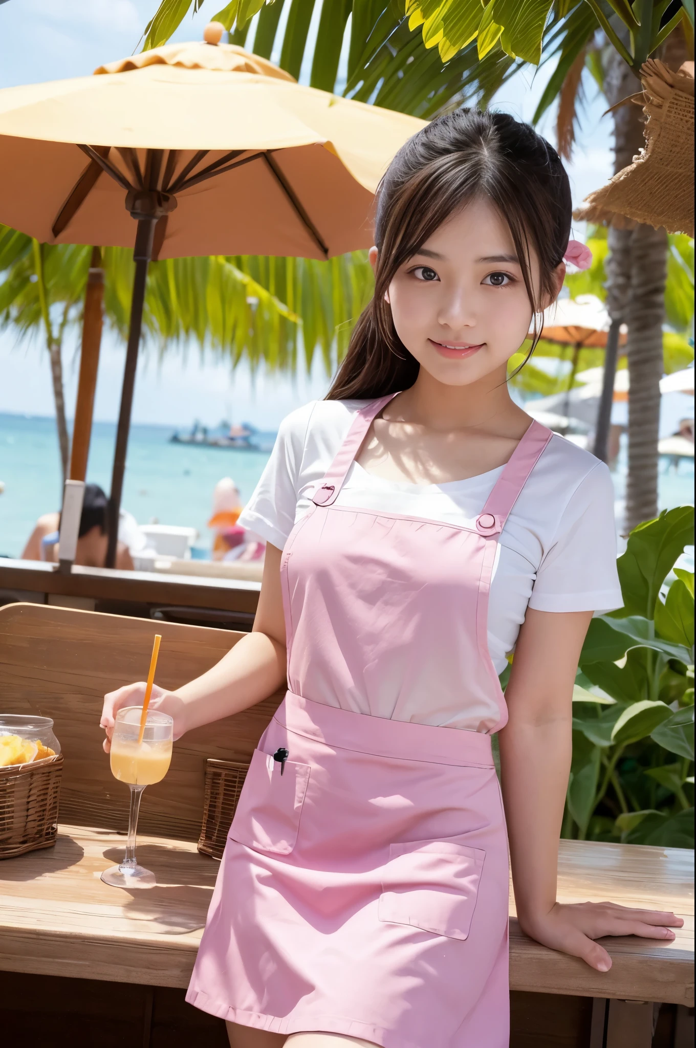 20 years old girl (Japanese pretty face) is wearing pink apron, mini skirt at the beach bar with sunflower