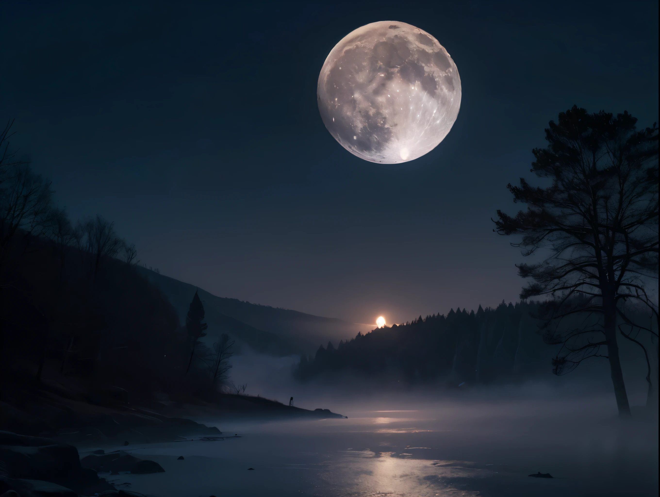 A beautiful night landscape, full moon, moonlight, peaceful atmosphere, serene, ethereal, glowing moon, dramatic lighting, shadows, soft focus, detailed textures, atmospheric haze, (best quality,4k,8k,highres,masterpiece:1.2),ultra-detailed,(realistic,photorealistic,photo-realistic:1.37),landscape,cinematic,dramatic,moody,mystical,atmospheric