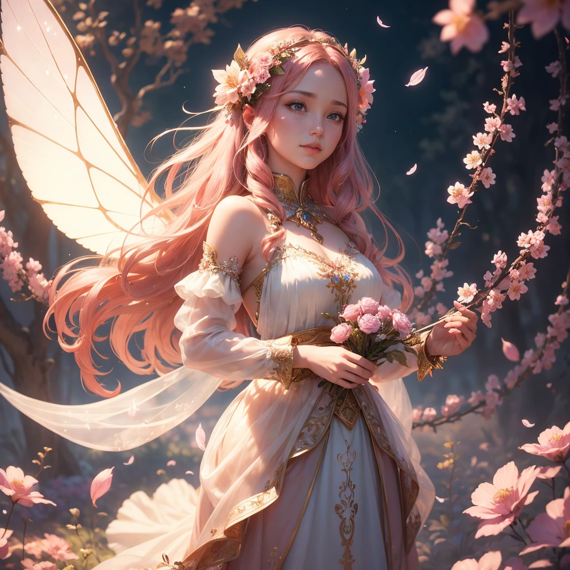 Beautiful pink flower fairy woman, light brown long hair、Around 28 years old、mysterious、Transparent and colorful feathers, ､Beautiful blue sky and white clouds、The girl has transparent wings､A kind smile､Beautiful garden background､Gentle and transparent，Anatomically correct, Delicate pattern，Pink Space, Soft lighting, ( Bokeh)，Fantasy、masterpiece, Very detailed, A magnificent composition, Highest quality, epic fairy tale、Fantasyデジタルアート，神話Fantasy，Detailed detailed view，Realistically，Very realistic，Cinema Lighting,Award-winning photo,Rich colors，Ultra-realistic texture，Dramatic lighting 