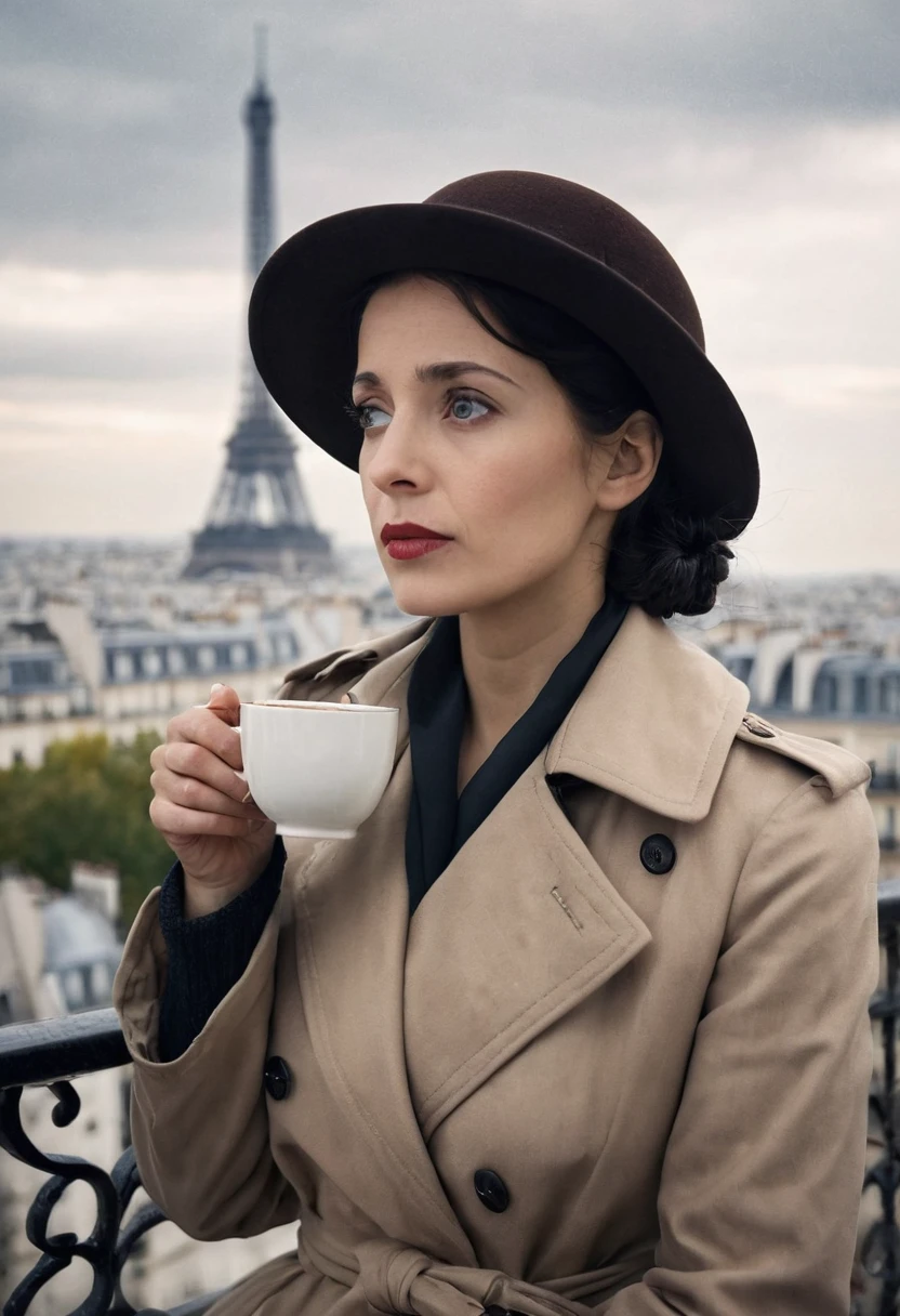 8K quality, ultra-high definition and realistic, an open cafe terrace in Paris in the 1930s, a mature woman is drinking coffee from a ceramic china cup, the sky is gloomy and cloudy, the season is autumn, the woman is a spy for the German government, her black hair is braided and tied up, she is wearing a women's fedora, and a beige trench coat, her eyes are drawn in detail, the woman looks into the distance and seems to be pondering something, her eyelashes are long, she is beautiful, she exudes an air of mystery, she is slim and intelligent, the camera captures her in a bust shot, the background is the city of Paris but is slightly blurred.