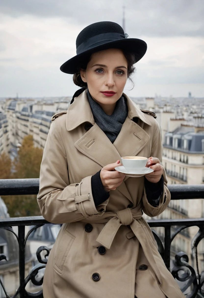 8K quality, ultra-high definition realism, an open cafe terrace in Paris in the 1930s, a mature woman is drinking coffee from a Chinese ceramic cup, the woman is holding the cup with both hands wrapped around it, her breath is white, steam is rising from the cup, the sky is gloomy and cloudy, the season is autumn, the woman is a spy for the German government, her skin is translucent white, her blonde hair is braided and tied up, she is wearing a black leather trench coat, her eyes are drawn in detail, the woman looks into the distance as if she is thinking about something, her blue eyes, her eyelashes are long, she is beautiful, she exudes an air of mystery, she is slim and intelligent, she is sitting with her legs crossed, the camera captures her beautifully, the background is the blurred city of Paris.