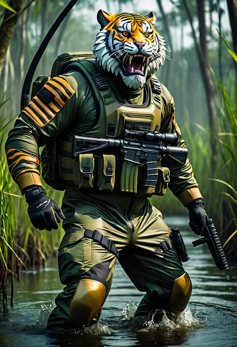 (a dark-skinned bearded fat muscular old man in a bulky army camouflage zipper diver suit) carrying a gun, (wearing a small-sized realistic roaring tiger mask), dynamic action pose, fierce expression, showcasing an imposing stature, surrounded by military elements, dramatic shadows and intense highlights, cinematic color tones, high detail, powerful, art influenced by Bruce Onobrakpeya and Stanley Artgerm, ultra-detailed, best quality image, action-packed atmosphere, patrolling in a swamp.