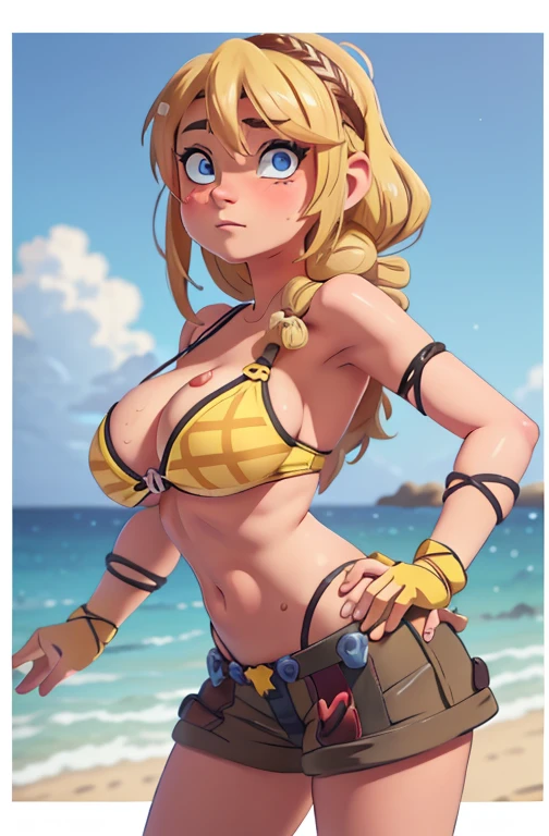 1 girl, detailed blue eyes, lange wimpern, detailed beautiful face, (Long blonde hair:1.4), festgebunden, (arms behind back:1.6), gefesselte Arme, blushing, (Big boobs:1.1), White Bikini, White crop top, OTN, Gag, gagged, shibari, tied Gag, Standing at a beach, black laced high heels, sitting