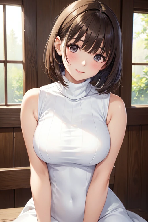 Nene Kasaki々、Shiny brown hair, short hair, Beautiful brown eyes、smile、Sparkling eyes, (fine grain)、Very fine eye、Highly detailed face, Highly detailed eyes,


(masterpiece:1.3, Highest quality, 超High resolution, Super detailed), Cowboy Shot、

 One woman，16K、masterpiece、High resolution、((1 female))、short hair、Beautiful breasts、(((Sleeveless、turtleneck、White Dress)))、Smiling Kindly、Cute pose、Very close、Forest Park