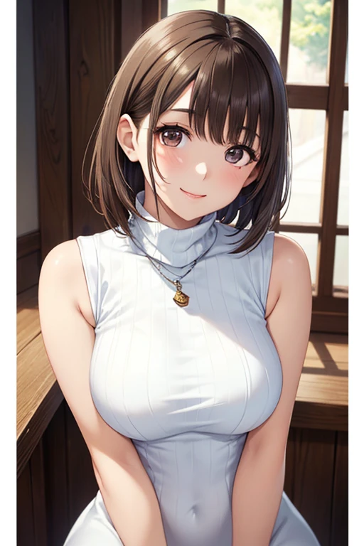 Nene Kasaki々、Shiny brown hair, short hair, Beautiful brown eyes、smile、Sparkling eyes, (fine grain)、Very fine eye、Highly detailed face, Highly detailed eyes,


(masterpiece:1.3, Highest quality, 超High resolution, Super detailed), Cowboy Shot、

 One woman，16K、masterpiece、High resolution、((1 female))、short hair、Beautiful breasts、(((Sleeveless、turtleneck、White Dress)))、Smiling Kindly、Cute pose、Very close、Forest Park