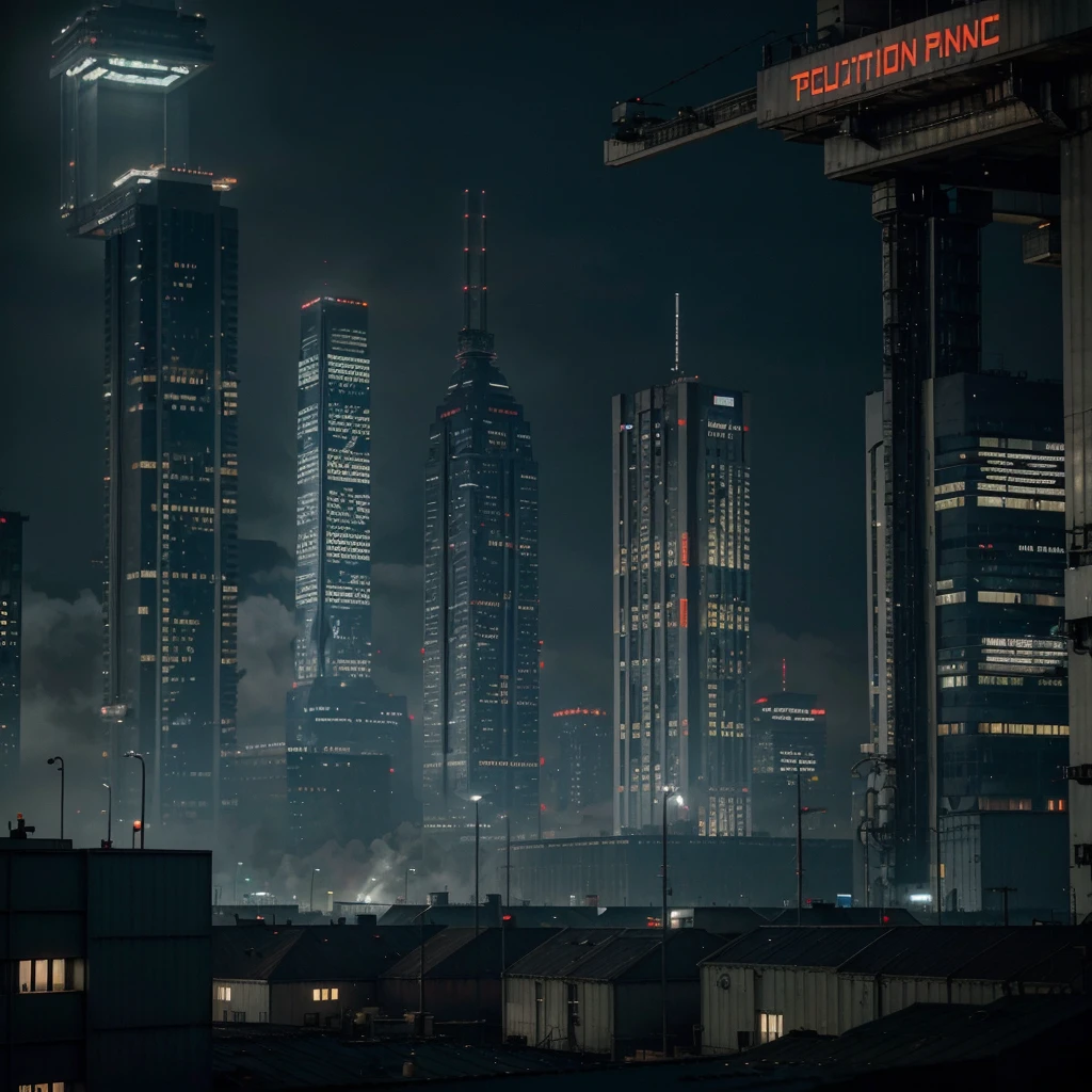 A large Big Pharma industry dominating the population. The scene depicts a massive, futuristic industrial complex, with glass and steel skyscrapers that emanate an oppressive aura. In the foreground, crowds of people appear subdued, following controlled routines, some with implanted devices and others taking medication. The visual style is dystopian and dark, with shades of gray and dark blue, contrasting with the neon lights of the industrial buildings. The environment is highly technological, with surveillance drones and holographic advertisements extolling Big Pharma products. The atmosphere is one of control and submission, conveying a feeling of constant surveillance and lack of freedom. Visual references include scenes from films like '1984' and 'Blade Runner'