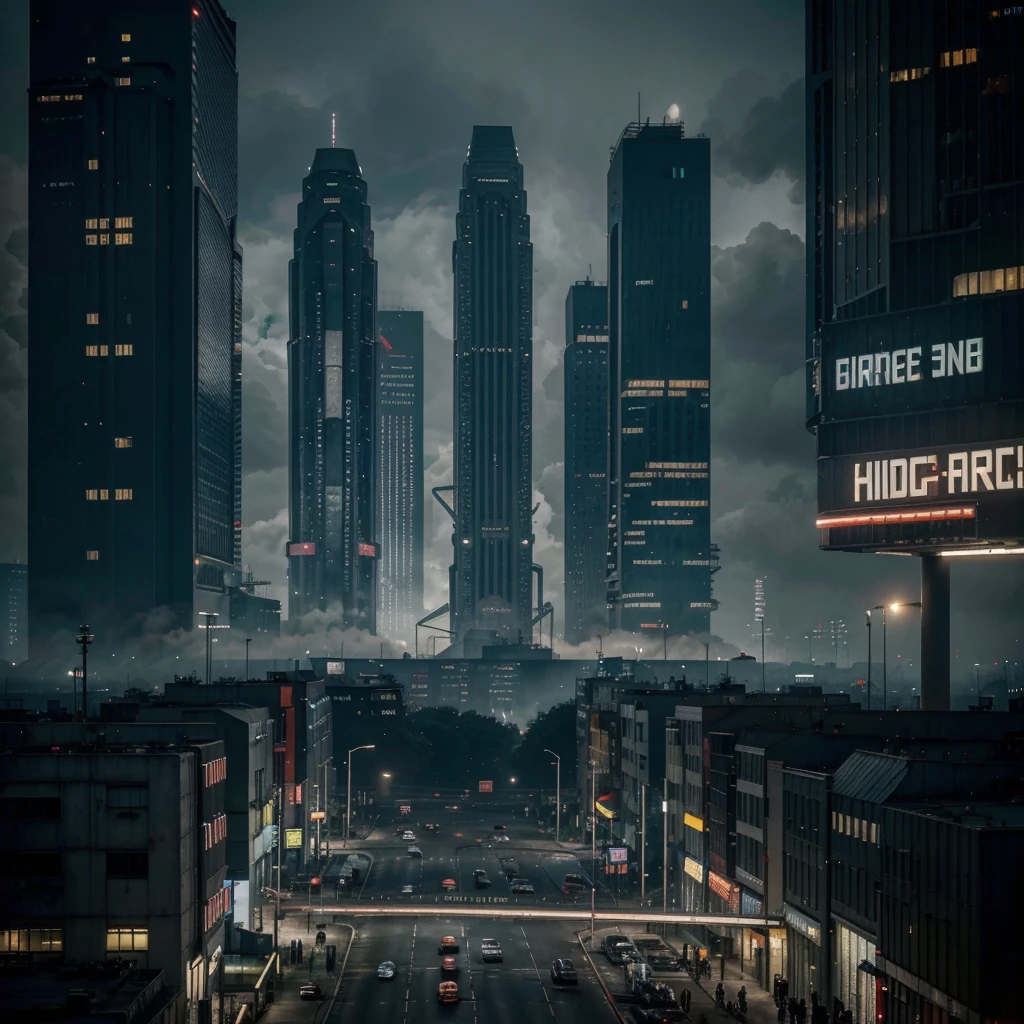 A large Big Pharma industry dominating the population. The scene depicts a massive, futuristic industrial complex, with glass and steel skyscrapers that emanate an oppressive aura. In the foreground, crowds of people appear subdued, following controlled routines, some with implanted devices and others taking medication. The visual style is dystopian and dark, with shades of gray and dark blue, contrasting with the neon lights of the industrial buildings. The environment is highly technological, with surveillance drones and holographic advertisements extolling Big Pharma products. The atmosphere is one of control and submission, conveying a feeling of constant surveillance and lack of freedom. Visual references include scenes from films like '1984' and 'Blade Runner'