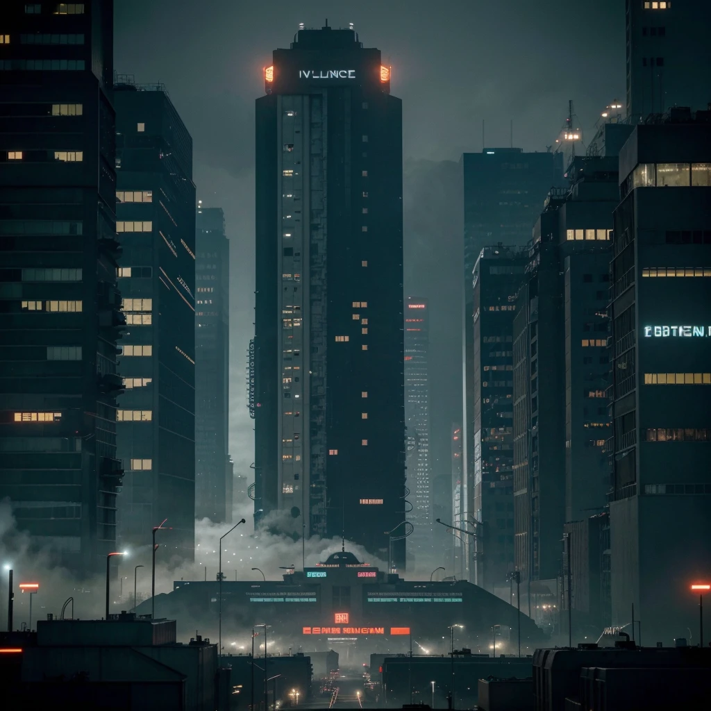 A large Big Pharma industry dominating the population. The scene depicts a massive, futuristic industrial complex, with glass and steel skyscrapers that emanate an oppressive aura. In the foreground, crowds of people appear subdued, following controlled routines, some with implanted devices and others taking medication. The visual style is dystopian and dark, with shades of gray and dark blue, contrasting with the neon lights of the industrial buildings. The environment is highly technological, with surveillance drones and holographic advertisements extolling Big Pharma products. The atmosphere is one of control and submission, conveying a feeling of constant surveillance and lack of freedom. Visual references include scenes from films like '1984' and 'Blade Runner'