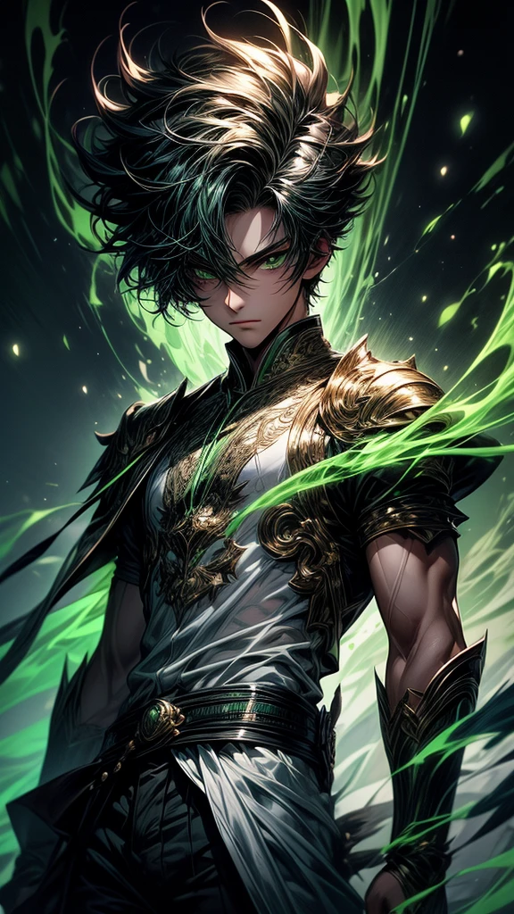 Masterpiece, best quality, high resolution, highly detailed, ung boy ( teen 18 years old), young handsome face, green short hair ( light in the hair), green eyes ( glowing eyes ), cold expression ( cold look ), wearing white and white clothes and pants, , surrounded by the splendors of the universe, pay attention to stunning details, and achieve a resolution of k, floating in a dynamic pose, high quality, with a majestic green aura of authority. Green aura emanating from the character, cold look, devoid of any emotion, dark background, detailed eyes, detailed face, handsome,