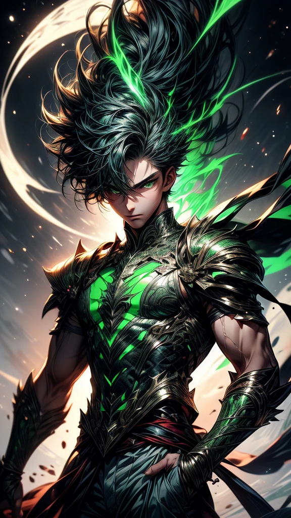 Masterpiece, best quality, high resolution, highly detailed, ung boy ( teen 18 years old), young handsome face, green short hair ( light in the hair), green eyes ( glowing eyes ), cold expression ( cold look ), wearing white and white clothes and pants, , surrounded by the splendors of the universe, pay attention to stunning details, and achieve a resolution of k, floating in a dynamic pose, high quality, with a majestic green aura of authority. Green aura emanating from the character, cold look, devoid of any emotion, dark background, detailed eyes, detailed face, handsome,
