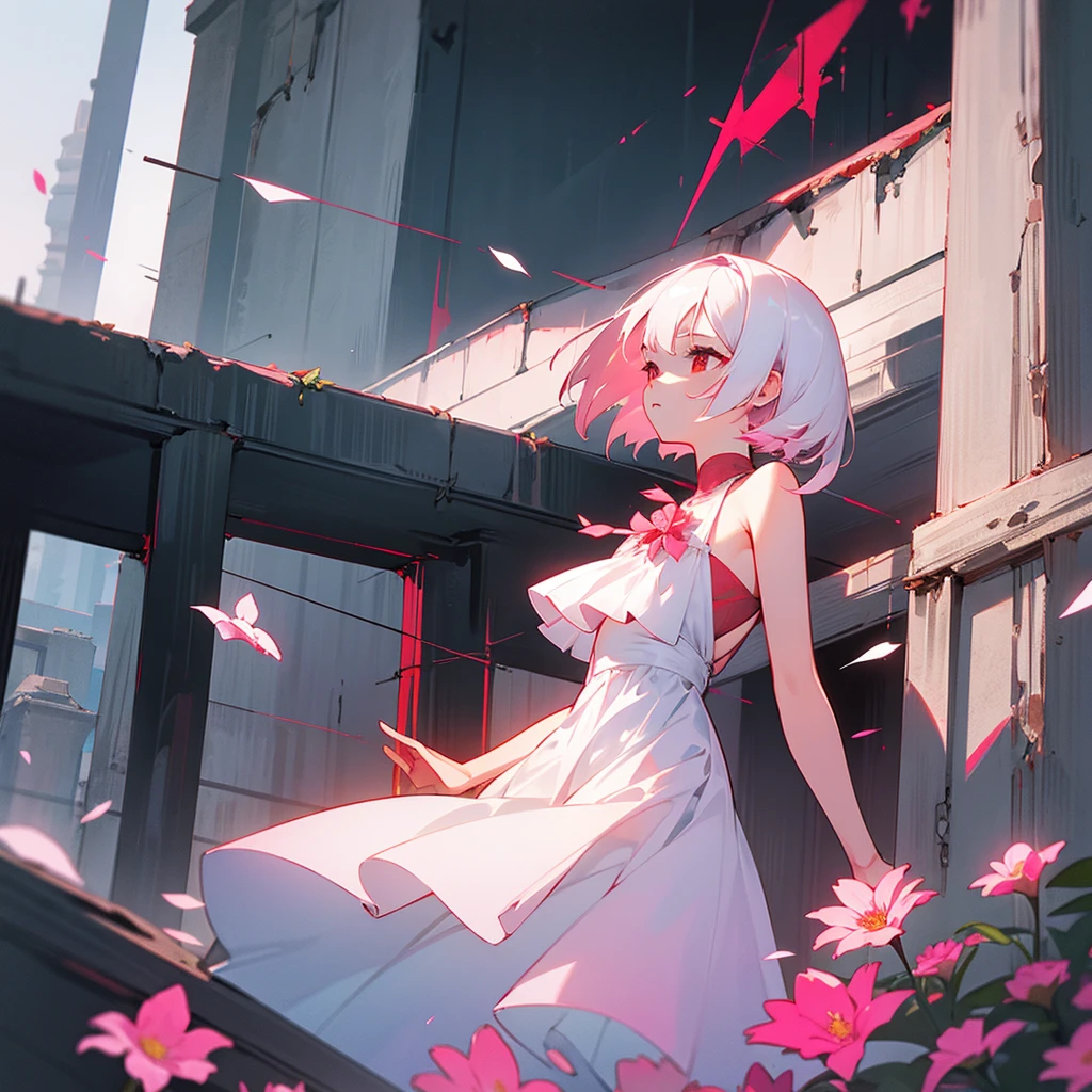 

a girl with short white hair  shoulder-length, red eyes, wearing a thin white dress, flower red pink b on top of a old building