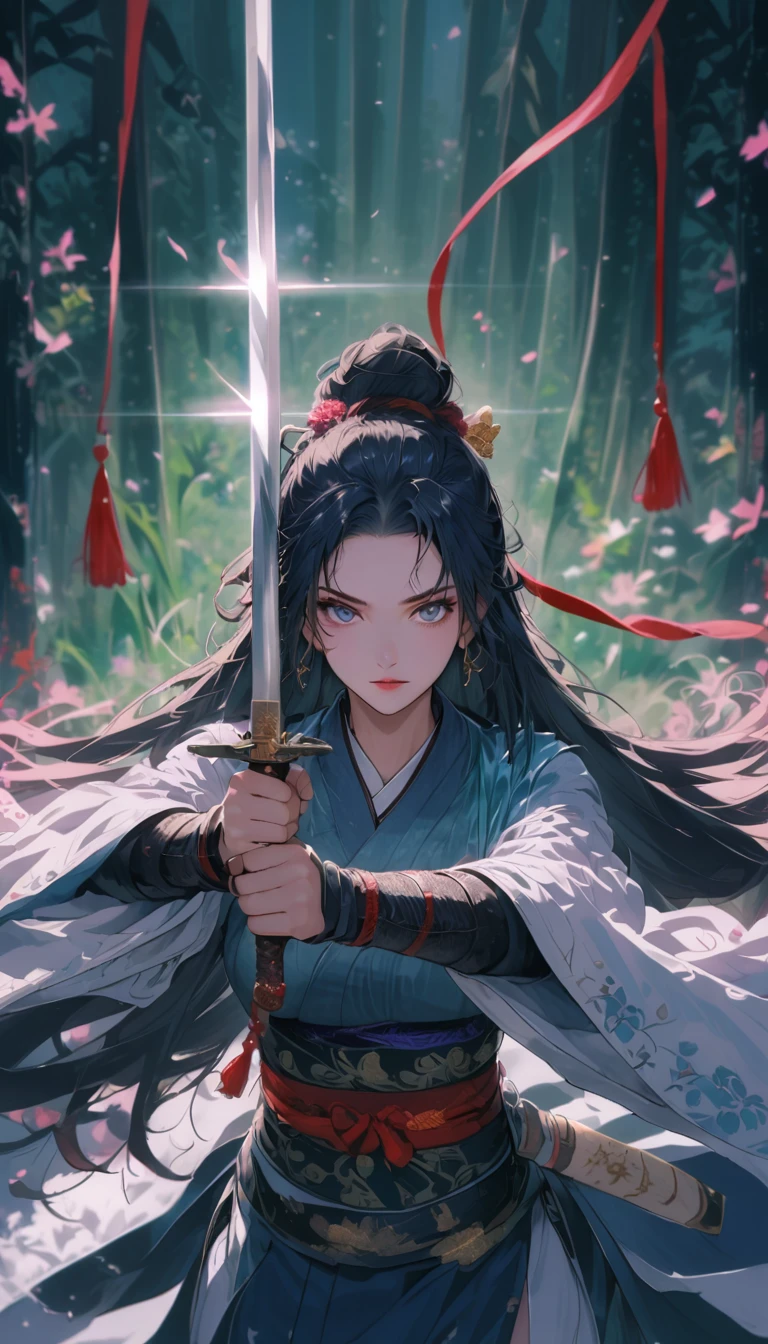 1 most beautiful woman, shining pupils, Ninja, earring, bijouterie, long hair, whole body