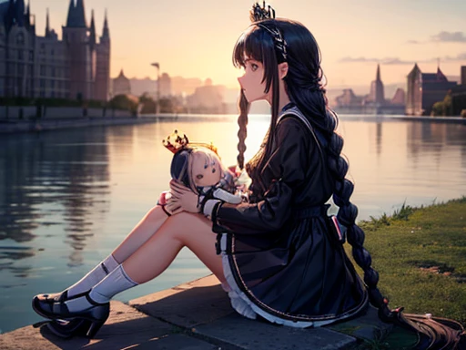 1girl, navy hair, long hair, braids, small queen crown, gothic dress, holding doll, socks, high heels, sitting, side view, riverside background, detailed background, high quality, high details