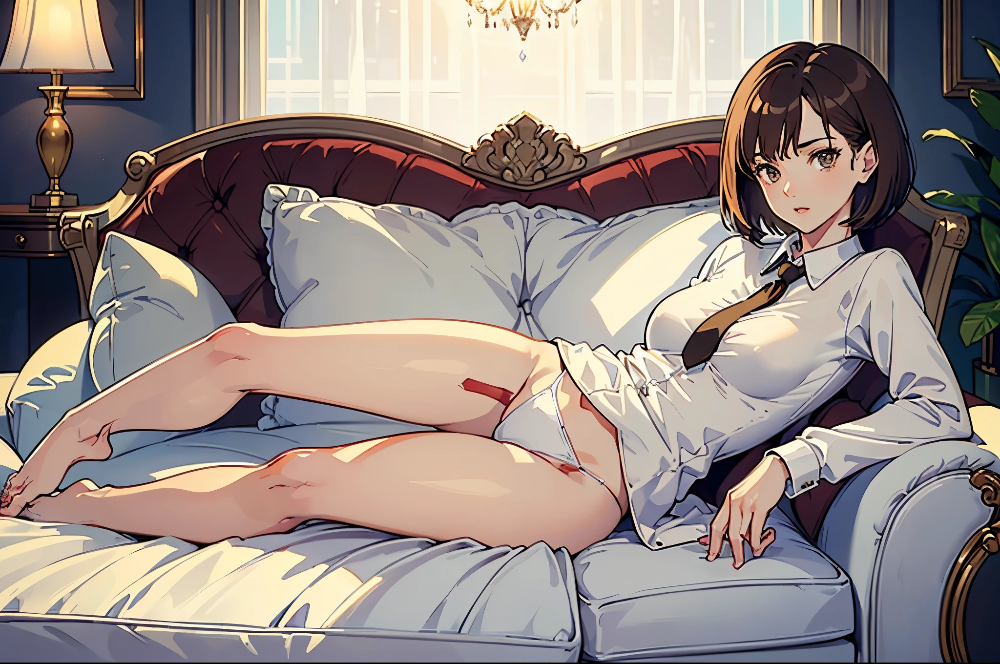 masterpiece,(Perfect Anatomy:1.5), highest quality, a lady , slender, leggy, Seductive, short hair, brown hair, (wear a white long sleeved shirt:1.5), white bikini panties , Perfect hands, Perfect body, reclining, lying on a sofa, throw her legs over the sofa, leg up , shirt lift, (barefoot), looking away, ((Exquisite detail)), Very finely crafted fingers(((10 fingers))), (((two legs))), (full body showcase), (Show your whole body), (no background), (No logo) , high resolution, see her private part , telephoto lens, parted lips, tie