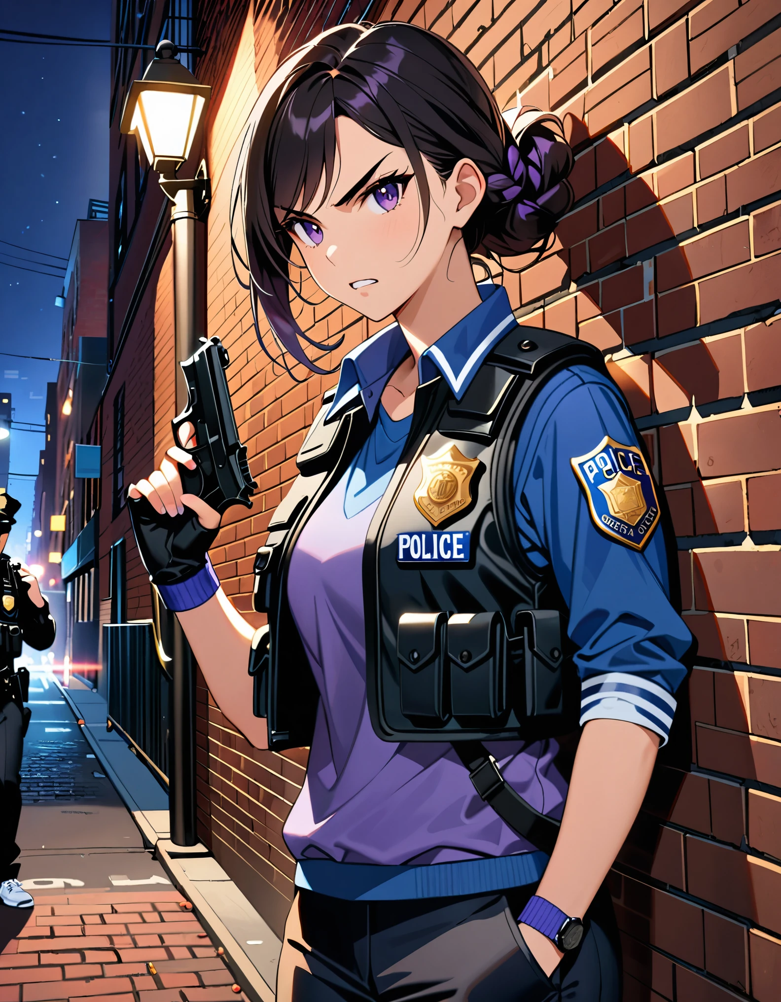 (masterpiece), (best quality), (high res), highly detailed, professional, 1girl, solo, solo focus, undercover police officer, serious, v-shaped eyebrows, perfect hands, complete fingers, blue varsity jacket, blue t-shirt, black tight pants, white socks, matching sneakers, fingerless gloves, assault vest, Hairpin, police ID badge hanging on neck, sleeves rolled up, holding weapon, pistol, Beretta 92, leaning at wall, serious and stoic, looking away, brick wall, searchlights, Brooklyn, New York, midnight, Cowboy Shot, Black Hair, Braid, Ahoge, Parted Bangs, Single Braid, Swept Bangs, Purple Eyes, Clenched Teeth, intense atmosphere.