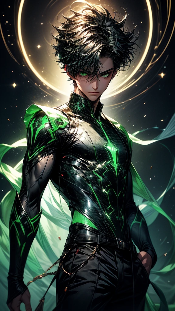 Masterpiece, best quality, high resolution, highly detailed, 1 young boy ( teenager 18 years old), young handsome face, green short hair ( light in the hair), green eyes ( glowing eyes ), cold expression ( cold look ), wearing white and white clothes and pants, , surrounded by the splendors of the universe, pay attention to stunning details, and achieve a resolution of k, floating in a dynamic pose, high quality, with a majestic green aura of authority. Green aura emanating from the character, cold look, devoid of any emotion, dark background, detailed eyes, detailed face, handsome, really short hair