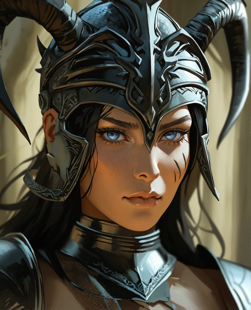 A woman from the Hyborian Age, strong and beautiful warrior, Caucasian skin,black metal armor on the legs, and I don't wear a low-cut top, black metal helmet with black horns, A screen