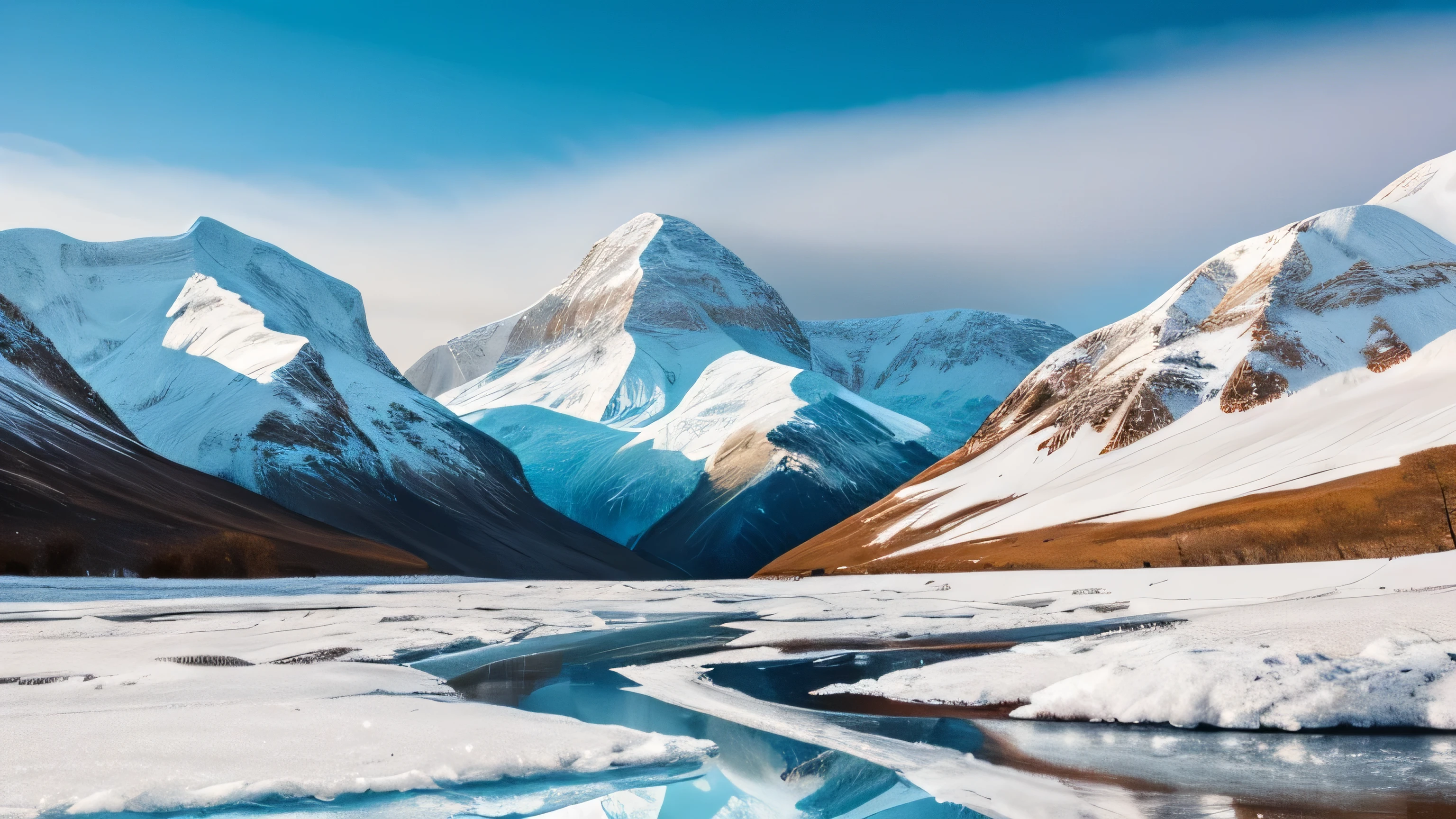 mountains covered in snow and ice with a stream running through them, fire and ice, lariennechan, icy mountains, icy landscape, scottish highlands, snowy arctic environment, january, snowy mountain landscape, with a snowy mountain and ice, in an icy river, surreal frozen landscape, winter vibrancy, majestic snowy mountains, cold colours, icy, mystical setting