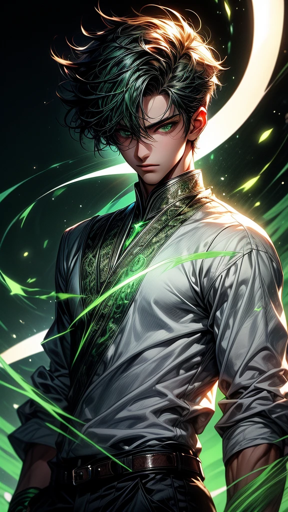 Masterpiece, best quality, high resolution, highly detailed, 1 young boy ( teenager 18 years old), young handsome face, green short hair ( light in the hair), green eyes ( glowing eyes ), cold expression ( cold look ), wearing white and white clothes and pants, , surrounded by the splendors of the universe, pay attention to stunning details, and achieve a resolution of k, floating in a dynamic pose, high quality, with a majestic green aura of authority. Green aura emanating from the character, cold look, devoid of any emotion, dark background, detailed eyes, detailed face, handsome, really short hair