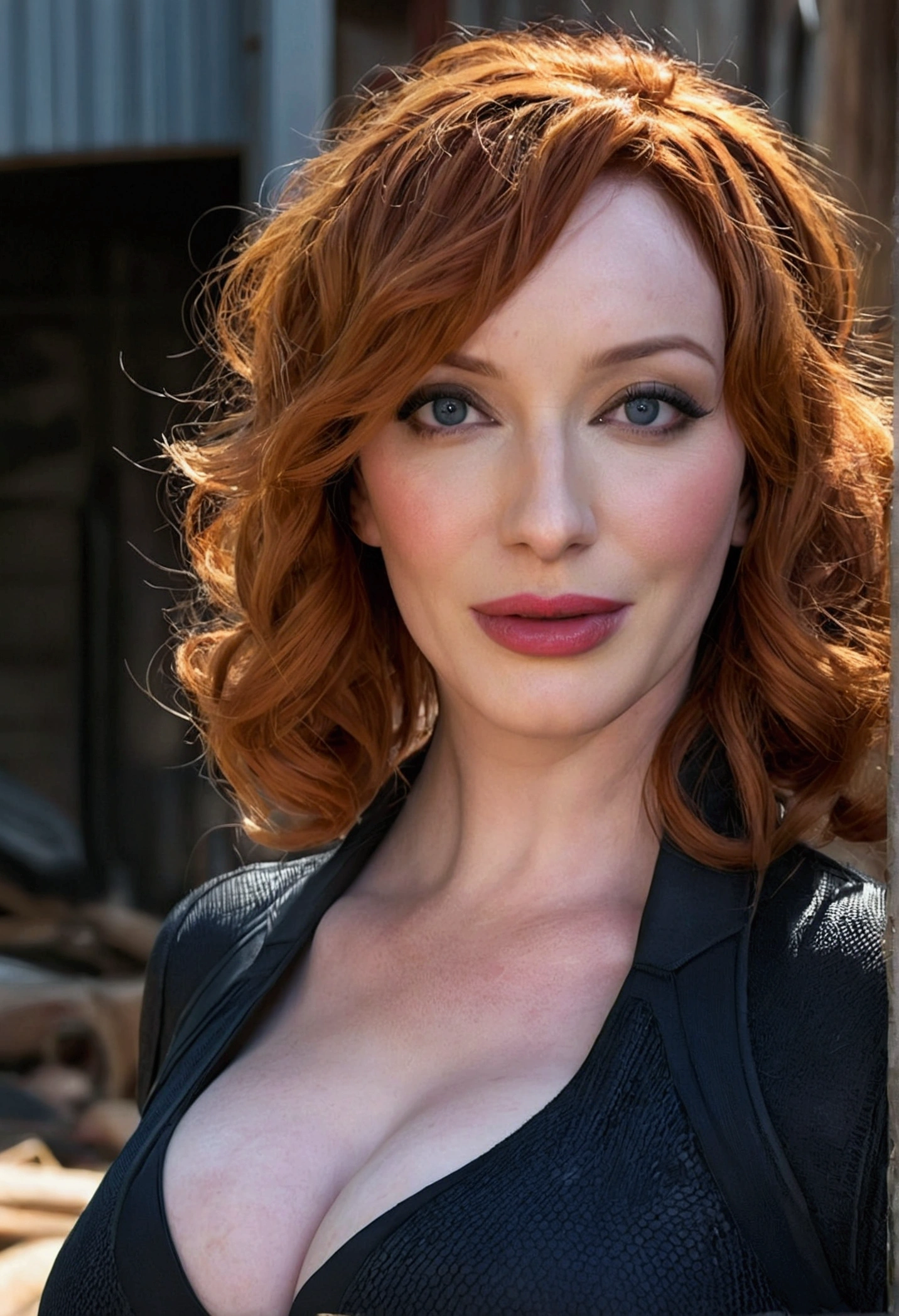 48 year old Christina Hendricks playing the role as the fictional character of Natasha Romanoff/Black Widow in the Marvel Cinematic Universe, pale skin, large , huge bust, super detailed, beautiful and aesthetic, masterpiece, best quality, raw, super fine photo, best quality, super high resolution, photorealistic, sunlight, full body portrait, amazing beauty, dynamic pose, delicate face, vibrant eyes, (from the front), she is wearing a black widow suit, very detailed abandoned warehouse background, Detailed face, detailed complex busy background, messy, gorgeous, realistic skin details, visible pores, sharp focus, hoto realism, huge metropolis in future dystopia, seen from below, translucent
