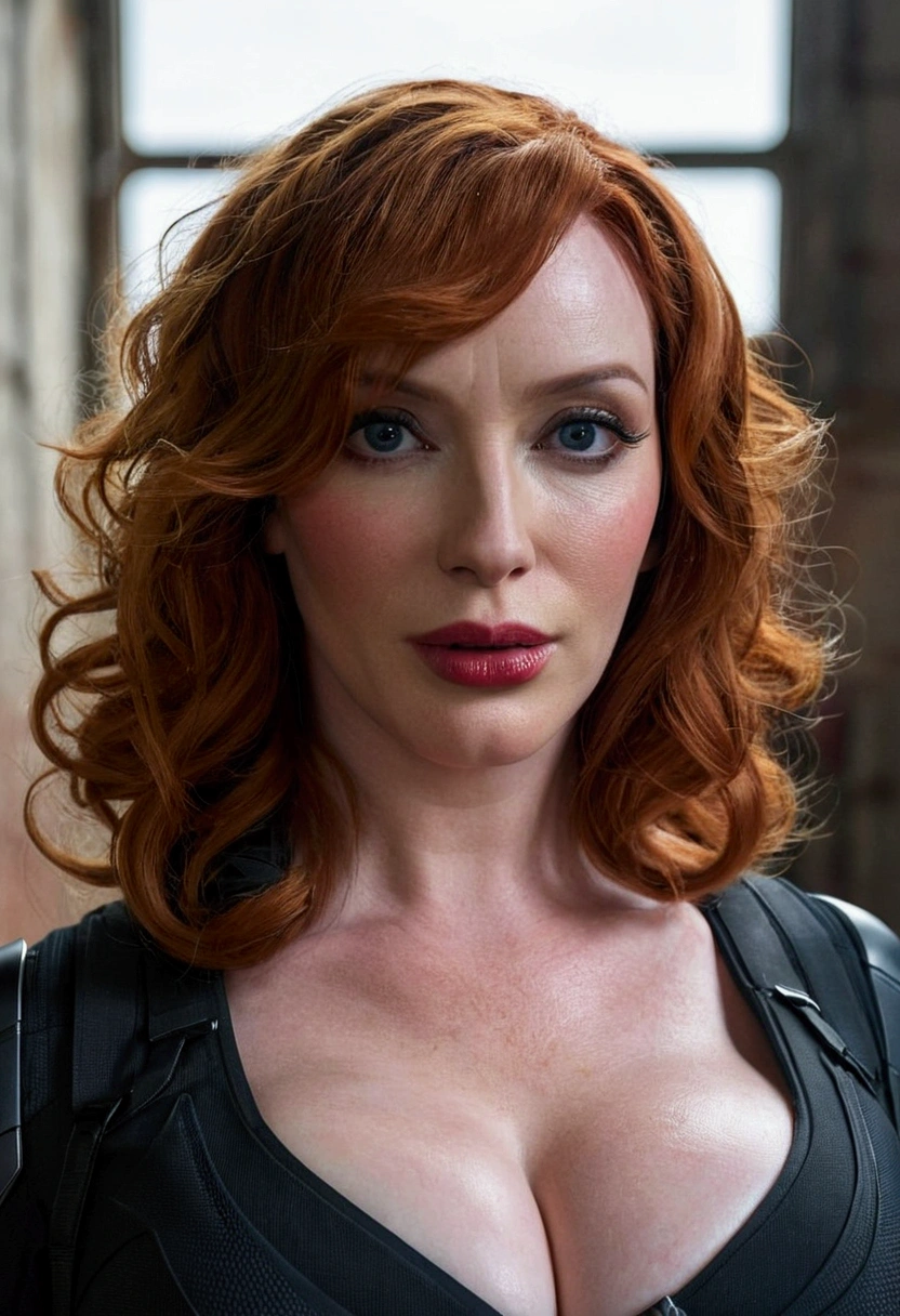 48 year old Christina Hendricks playing the role as the fictional character of Natasha Romanoff/Black Widow in the Marvel Cinematic Universe, pale skin, large breasts, huge bust, super detailed, beautiful and aesthetic, masterpiece, best quality, raw, super fine photo, best quality, super high resolution, photorealistic, sunlight, full body portrait, amazing beauty, dynamic pose, delicate face, vibrant eyes, (from the front), she is wearing a black widow suit, very detailed abandoned warehouse background, Detailed face, detailed complex busy background, messy, gorgeous, realistic skin details, visible pores, sharp focus, hoto realism, huge metropolis in future dystopia, seen from below, translucent
