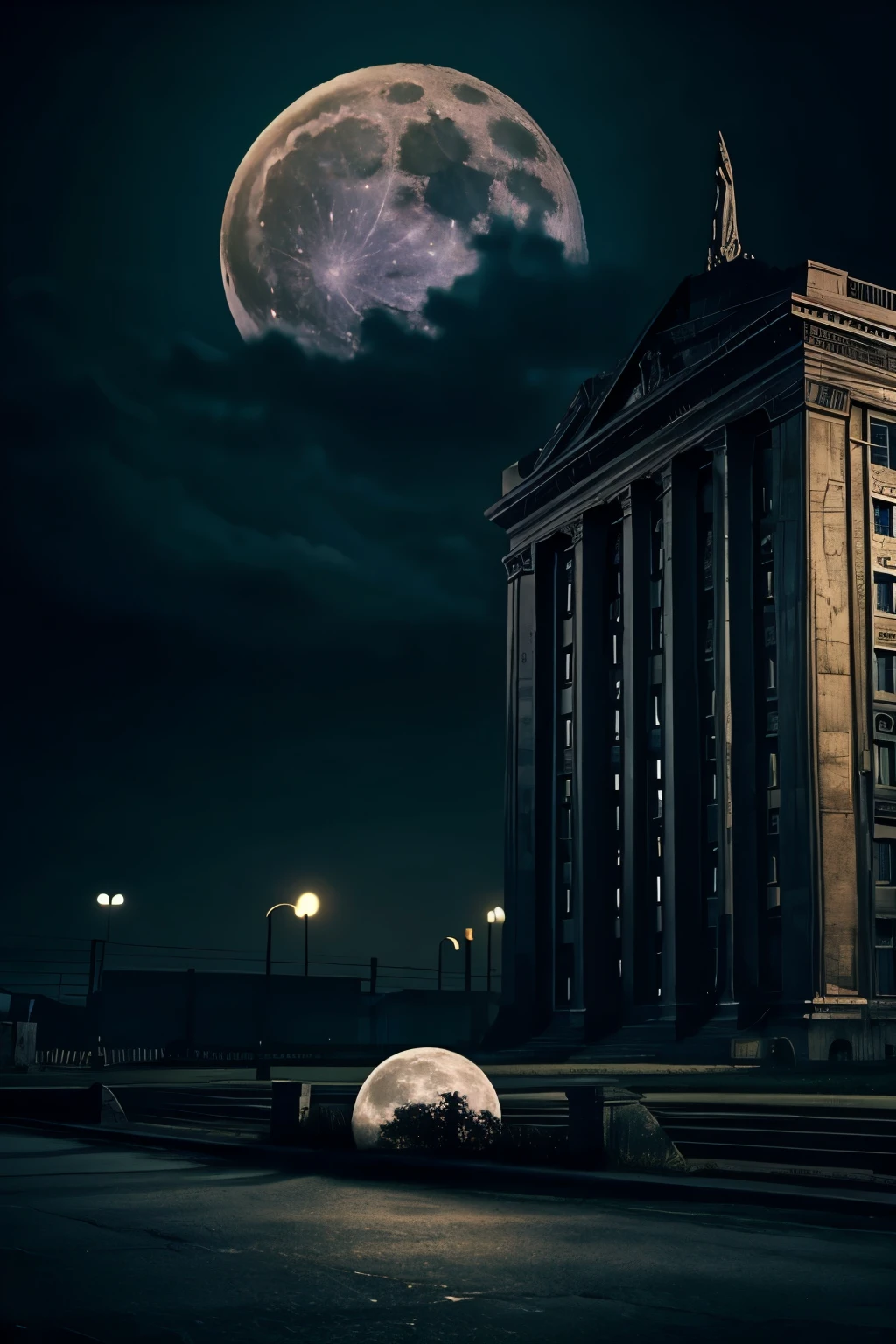 Make a horrific background with full moon with death body sleeping and a building with details mysterious type look like realistic 