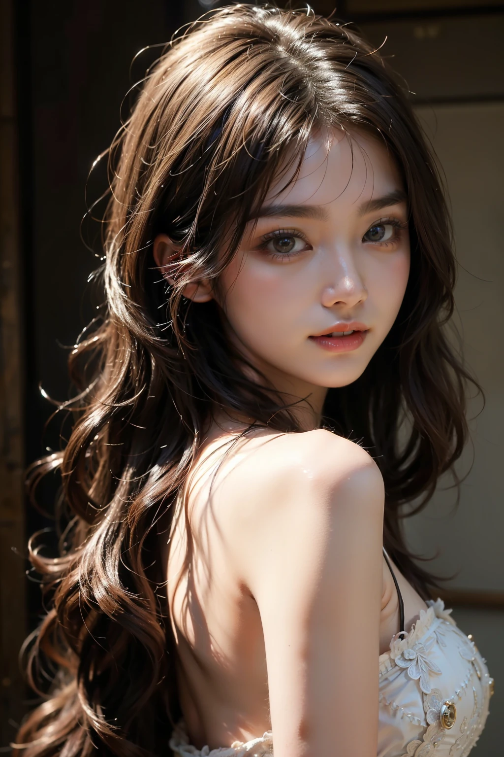 masterpiece、8K、32K、top-quality、(A detailed eye)、(A cute Japanese woman、bangss)、18years old、1 girl in、elegent、(Detailed background depiction)、look back、Cheerful, steampunk、clear、whole body、