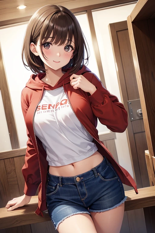 Nene Kasaki々、Shiny brown hair, short hair, 美しいBrown eyes、smile、Sparkling eyes, (fine grain)、Very fine eye、Highly detailed face, Highly detailed eyes,


(masterpiece:1.3, Highest quality, Ultra-high resolution, Super detailed), Cowboy Shot、

 One woman，1 girl, alone,  masterpiece, Highest quality, 8k wallpaper, 
 Fine and beautiful eyes, 1 girl, chest, Looking at the audience, blush, Brown Hair, Brown eyes, large chest, Medium Hips, Baggy thighs, Red hoodie,