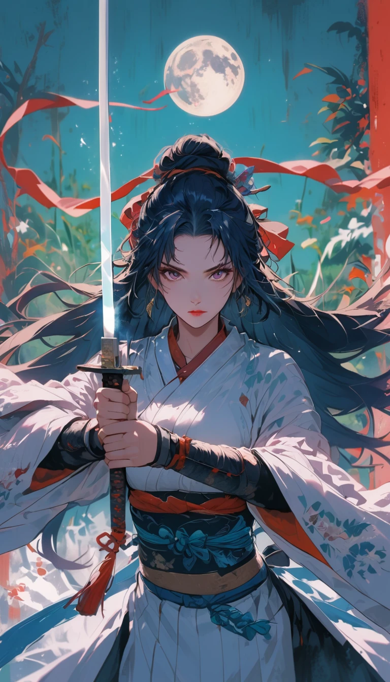 1 most beautiful woman, shining pupils, Ninja, earring, bijouterie, long hair, wind, moon, whole body
