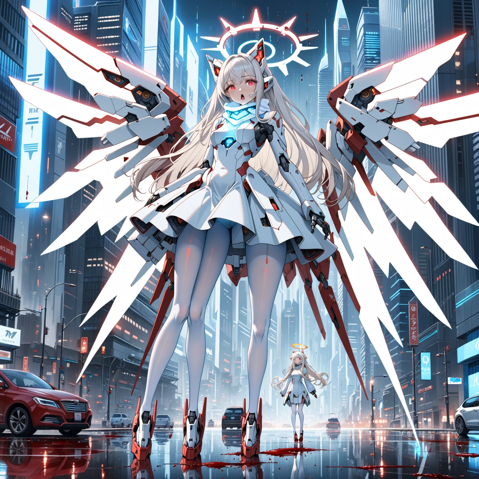 masterpiece, highest quality, highest resolution, clear_image, detailed details, white hair, long hair, 1 girl, car ears, red eyes, futuristic wings, futuristic halo, white sci fi mecha dress, white scarf (around the neck withn a light blue glow), white pantyhose, full body, no water marks, city, blood coming out of mouth