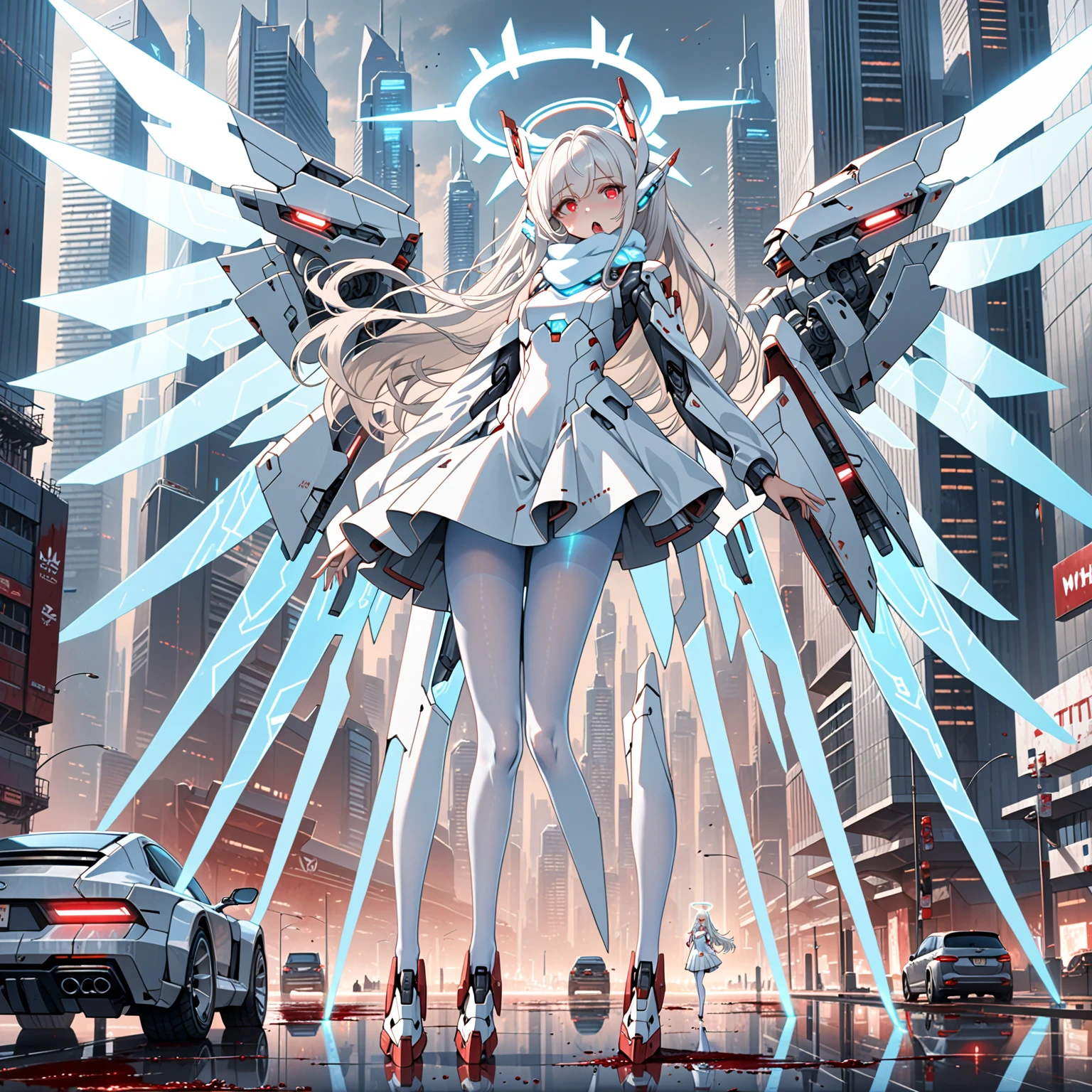 masterpiece, highest quality, highest resolution, clear_image, detailed details, white hair, long hair, 1 girl, car ears, red eyes, futuristic wings, futuristic halo, white sci fi mecha dress, white scarf (around the neck withn a light blue glow), white pantyhose, full body, no water marks, city, blood coming out of mouth