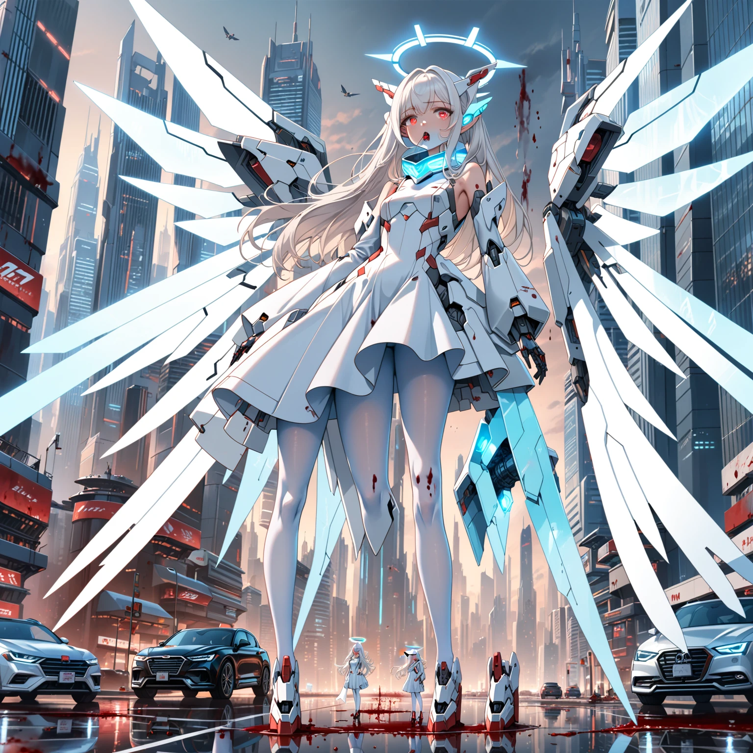 masterpiece, highest quality, highest resolution, clear_image, detailed details, white hair, long hair, 1 girl, car ears, red eyes, futuristic wings, futuristic halo, white sci fi mecha dress, white scarf (around the neck withn a light blue glow), white pantyhose, full body, no water marks, city, blood coming out of mouth