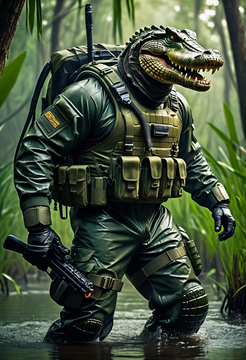 (a dark-skinned bearded fat muscular old man in a bulky army camouflage zipper diver suit) carrying a gun, (wearing realistic crocodile mask), dynamic action pose, fierce expression, showcasing an imposing stature, surrounded by military elements, dramatic shadows and intense highlights, cinematic color tones, high detail, powerful, art influenced by Bruce Onobrakpeya and Stanley Artgerm, ultra-detailed, best quality image, action-packed atmosphere, patrolling in a swamp.