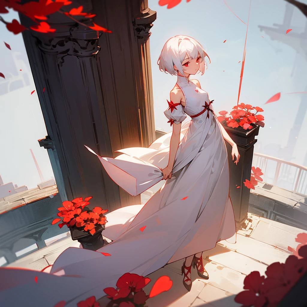 a girl with short white hair shoulder-length, red eyes, wearing a white dress stand on top of a old tower with red flower