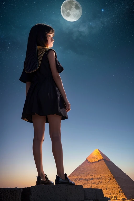 (((masterpiece))),(((Highest quality))),((Very detailed)),Rear View, Watching the Moon, Night Sky, full moon, Black Hair Girl, 12-year-old girl, Standing on top of an Egyptian pyramid, landscape, universe, 8k, Super Detail,Stand 20 meters apart,